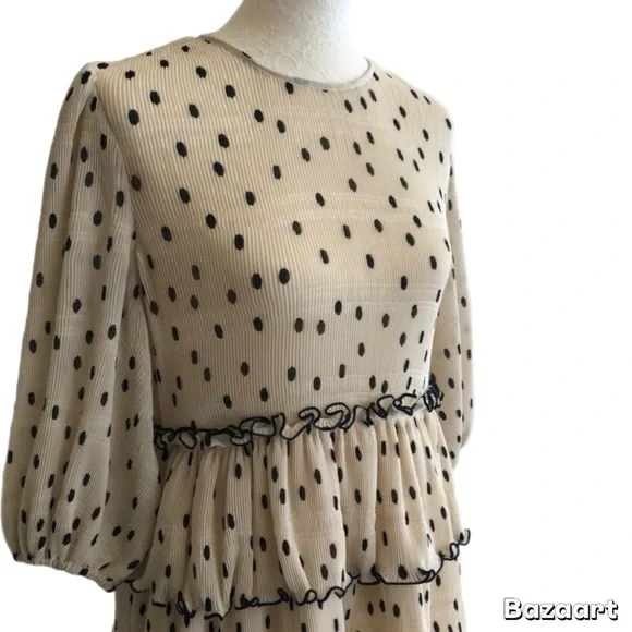 GANNI Lowell Tiered Polka Dot Plisse Beige & Black Midi Dress conservative pleat